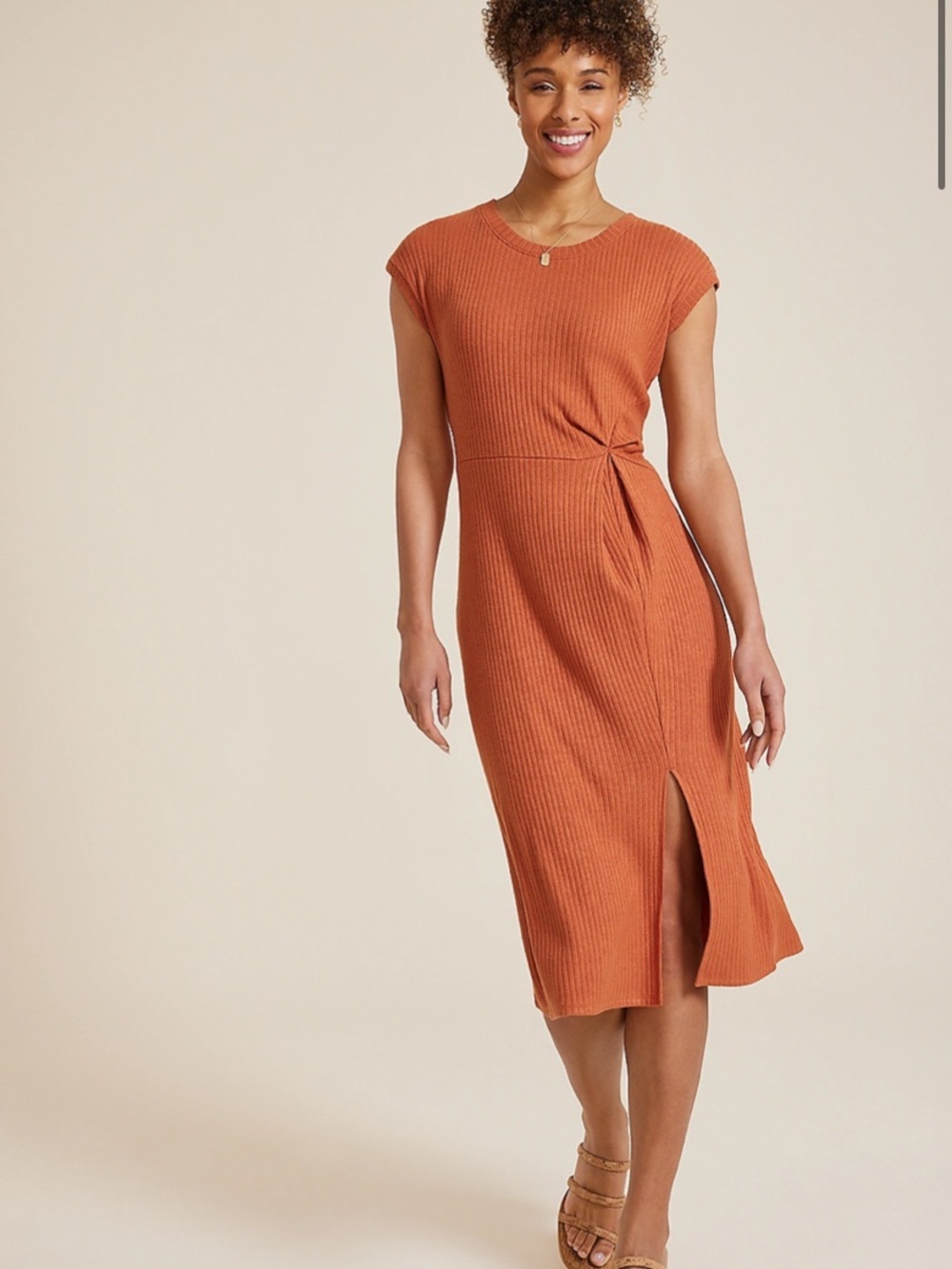 NWT - Maurices Ribbed Knot Front Midi Dress -  Rust Orange
